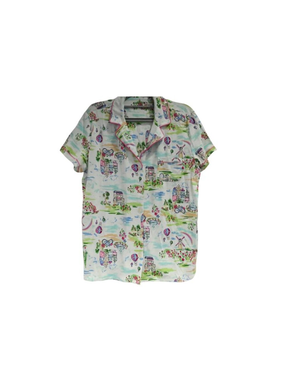 NWT Cuddl Duds Pajama Top Sz M Blue Pink Village Hot Air Balloon Button Up